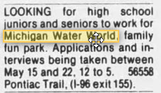 Michigan WaterWorld - May 15 1985 Help Wanted Ad From The Park